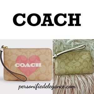 NEW Coach Signature Coated Canvas Heart Print Corner Zip Wristlet